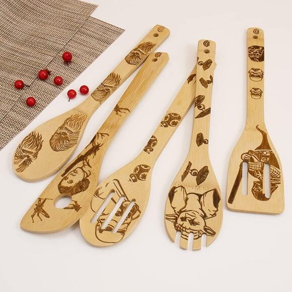 5 PCS Star War Burned Wooden Spoons Cooking Organic Spoons Turner Carved Spatula - Picture 4 of 7